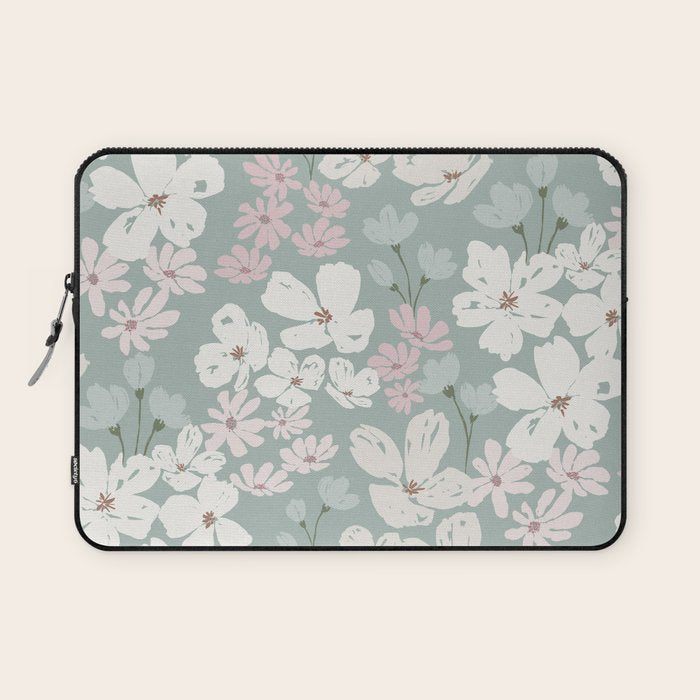 Soft meadow blooms - muted mint, dusty green, pink and beige floral pattern Laptop Sleeve Gallery Image 1