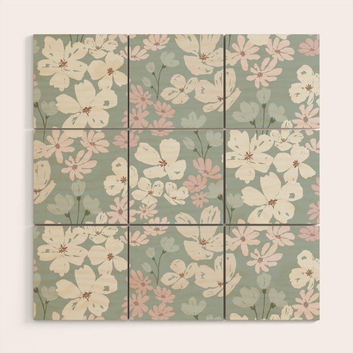 Soft meadow blooms - muted mint, dusty green, pink and beige floral pattern Wood Wall Art Gallery Image 1