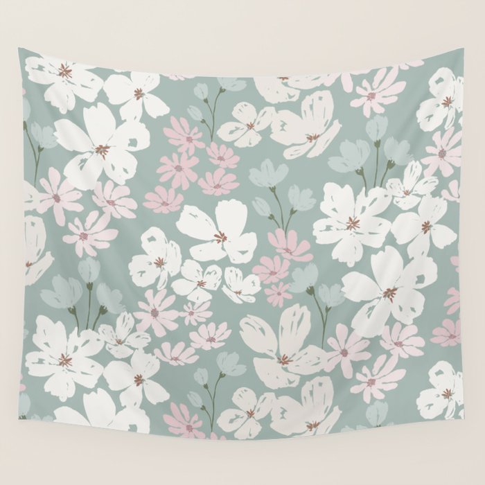 Soft meadow blooms - muted mint, dusty green, pink and beige floral pattern Wall Tapestry Gallery Image 1