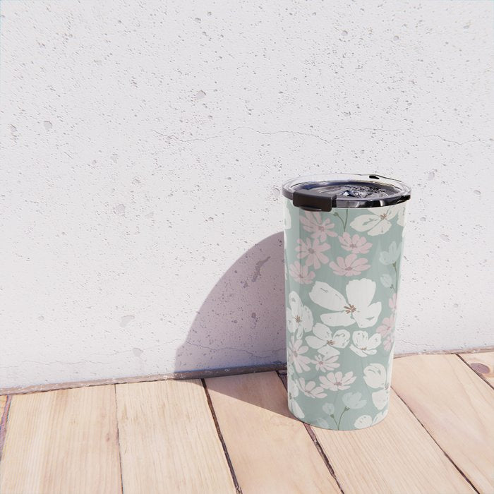 Soft meadow blooms - muted mint, dusty green, pink and beige floral pattern Travel Mug Gallery Image 4