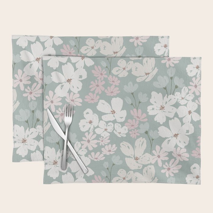 Soft meadow blooms - muted mint, dusty green, pink and beige floral pattern Placemat Gallery Image 1