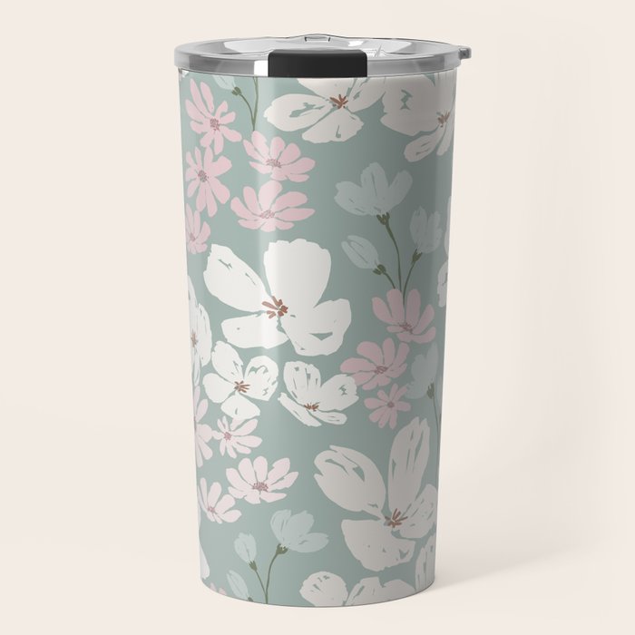 Soft meadow blooms - muted mint, dusty green, pink and beige floral pattern Travel Mug Gallery Image 1