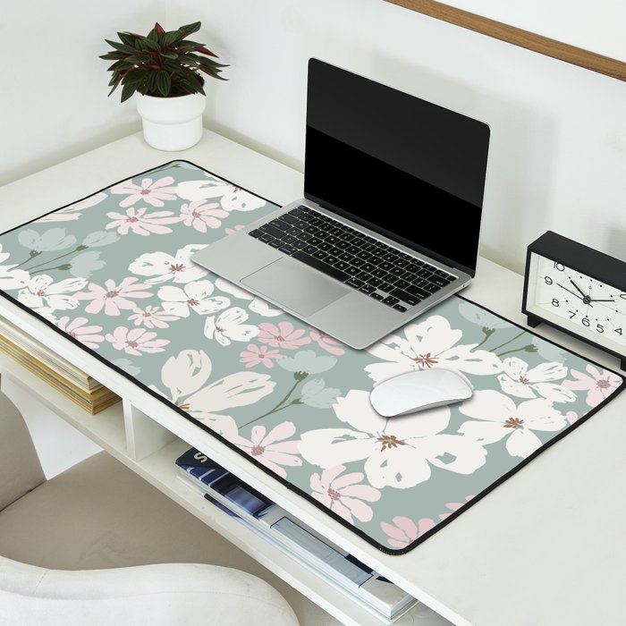 Soft meadow blooms - muted mint, dusty green, pink and beige floral pattern Desk Mat Gallery Image 2