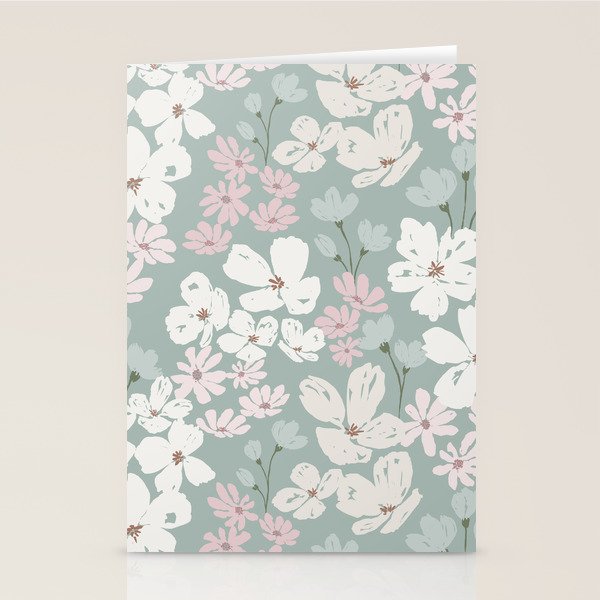 Soft meadow blooms - muted mint, dusty green, pink and beige floral pattern Stationery Card Gallery Image 2