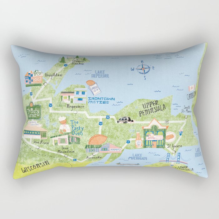 Map of Northern Michigan - Pasty Tour in Blue Rectangular Pillow Gallery Image 1