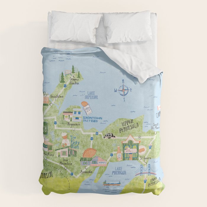 Map of Northern Michigan - Pasty Tour in Blue Duvet Cover Gallery Image 1