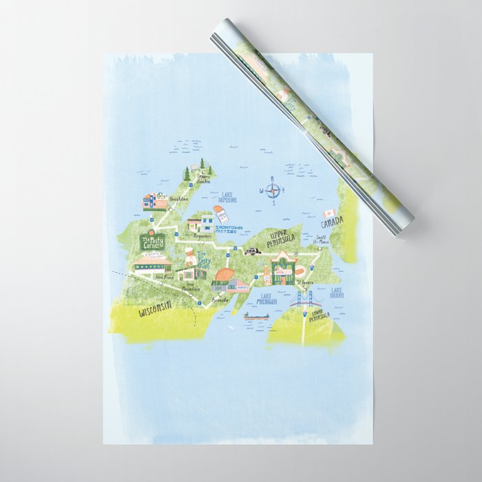 Map of Northern Michigan - Pasty Tour in Blue Wrapping Paper Gallery Image 1