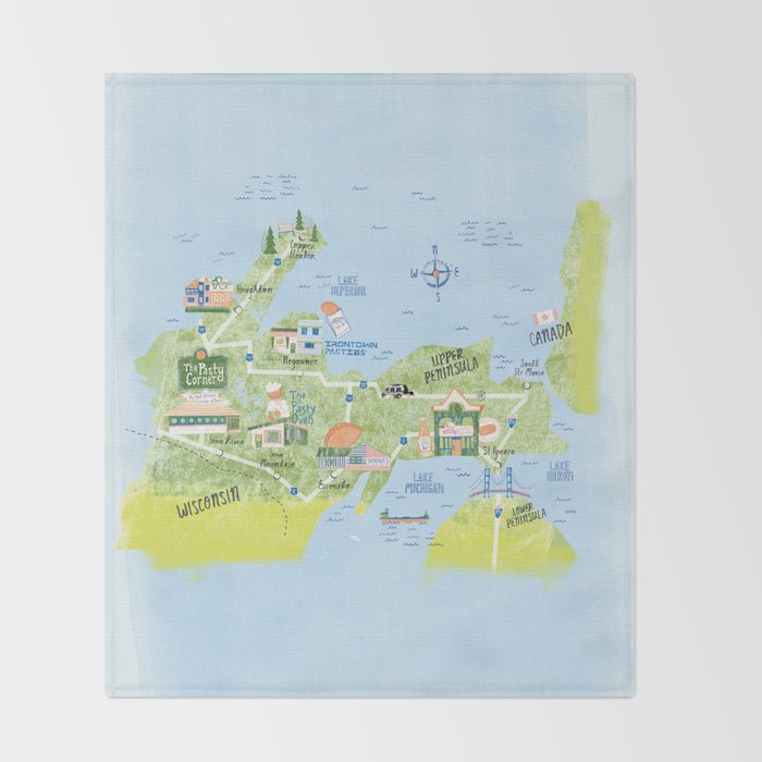 Map of Northern Michigan - Pasty Tour in Blue Throw Blanket Gallery Image 2
