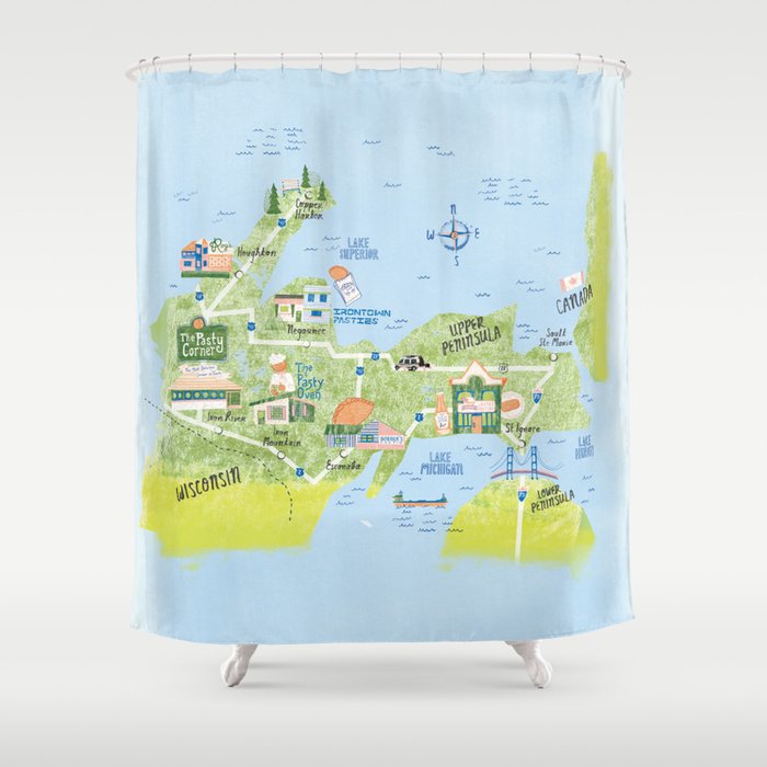 Map of Northern Michigan - Pasty Tour in Blue Shower Curtain Gallery Image 1