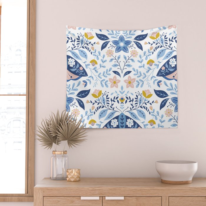 Scandinavian Butterfly Folk Art Pattern Wall Tapestry Gallery Image 2