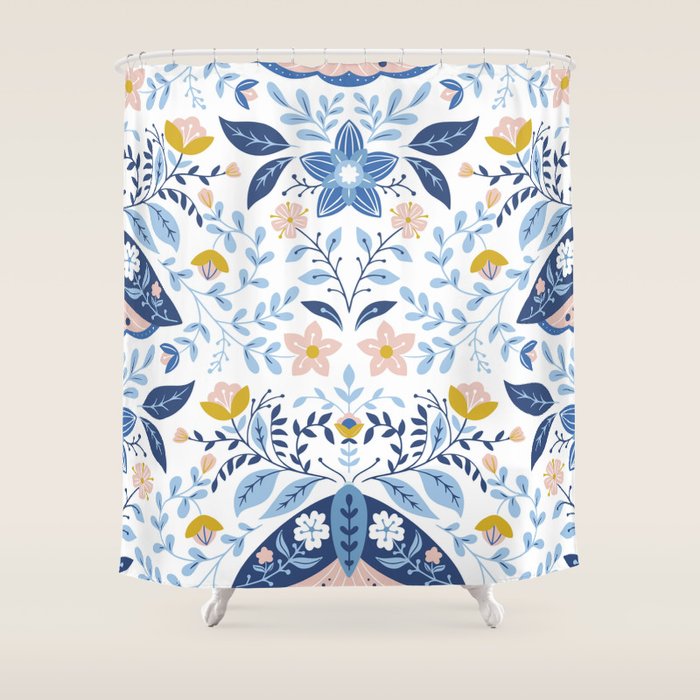 Scandinavian Butterfly Folk Art Pattern Shower Curtain Gallery Image 1