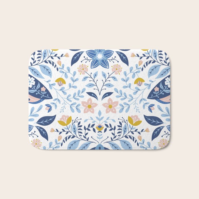 Scandinavian Butterfly Folk Art Pattern Bath Mat Gallery Image 1