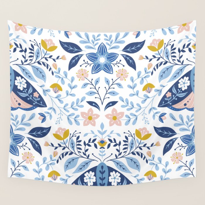 Scandinavian Butterfly Folk Art Pattern Wall Tapestry Gallery Image 1