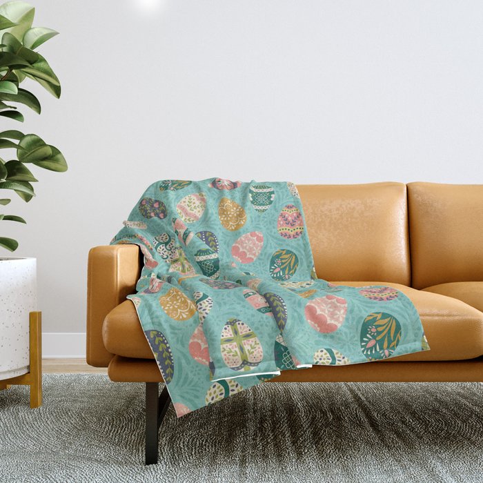Floral Easter Eggs - Aqua Throw Blanket Gallery Image 1