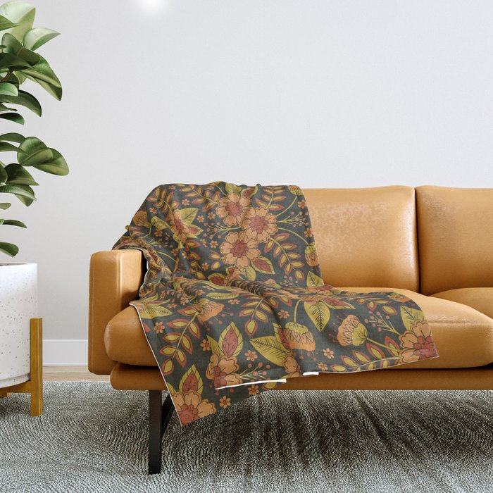 Orange, Peach, Olive Green & Dark Gray Floral Pattern Throw Blanket Gallery Image 1