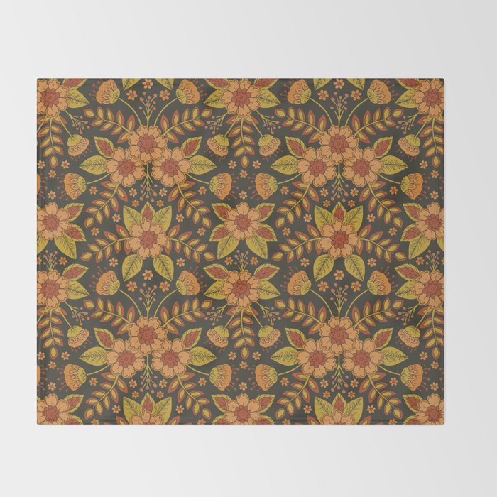 Orange, Peach, Olive Green & Dark Gray Floral Pattern Throw Blanket Gallery Image 2