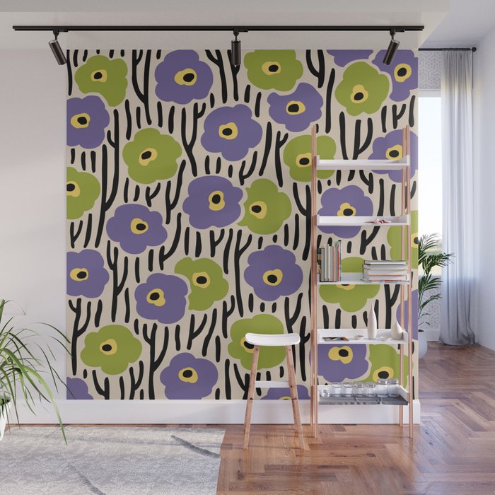 Wild Flowers Pattern Purple and Green Wall Mural Gallery Image 1