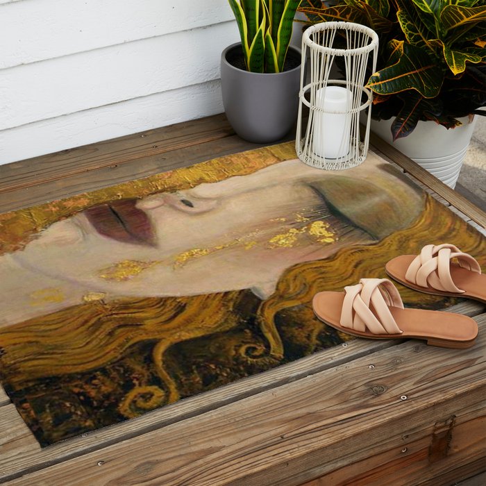 Golden Tears (Freya's Heartache) portrait painting by Gustav Klimt Outdoor Rug Gallery Image 2