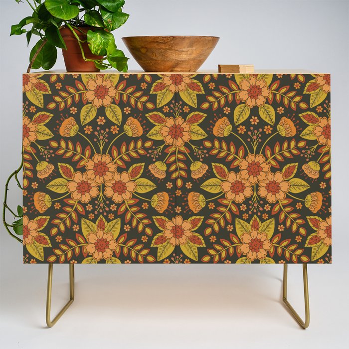 Orange, Peach, Olive Green & Dark Gray Floral Pattern Credenza Gallery Image 1
