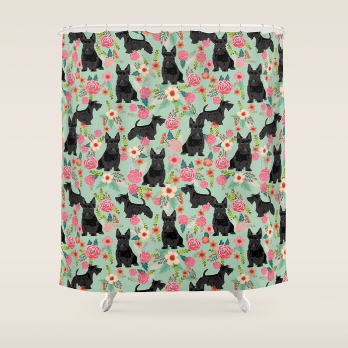 Scottish Terrier florals pattern dog breed dog art pet portraits pet friendly scottie gifts Shower Curtain Gallery Image 1