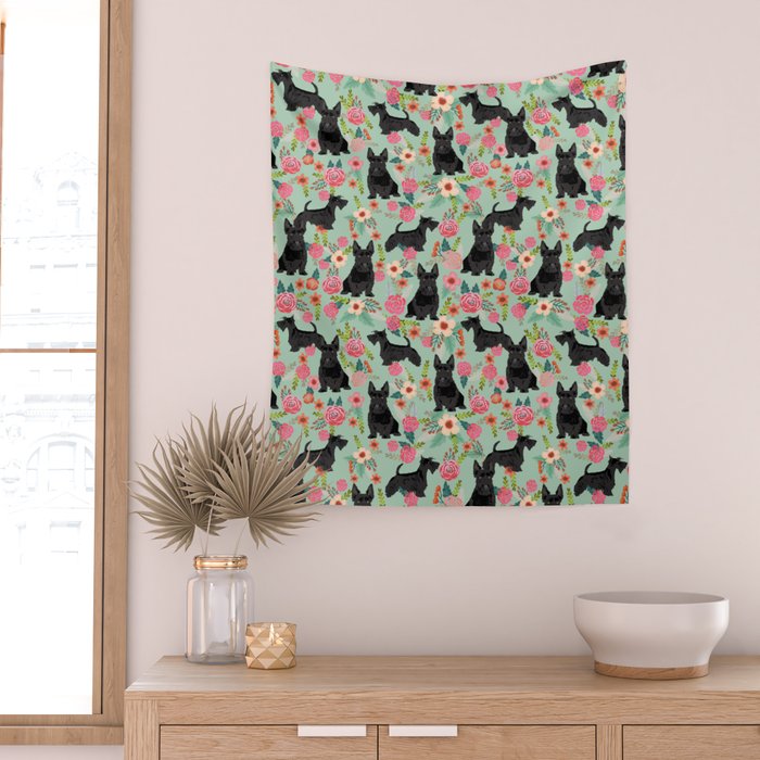 Scottish Terrier florals pattern dog breed dog art pet portraits pet friendly scottie gifts Wall Tapestry Gallery Image 2
