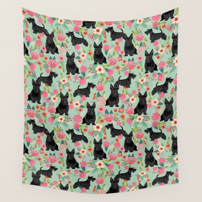 Scottish Terrier florals pattern dog breed dog art pet portraits pet friendly scottie gifts Wall Tapestry Gallery Image 4