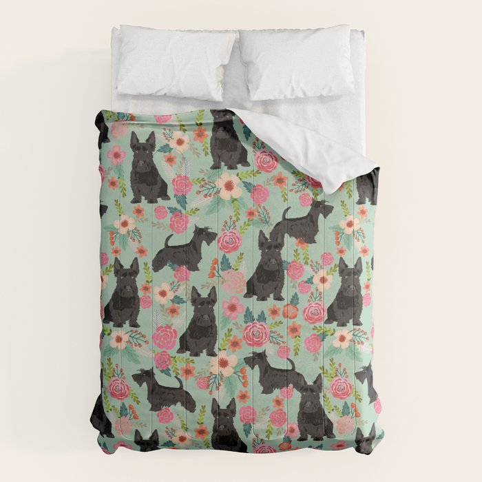 Scottish Terrier florals pattern dog breed dog art pet portraits pet friendly scottie gifts Comforter Gallery Image 6