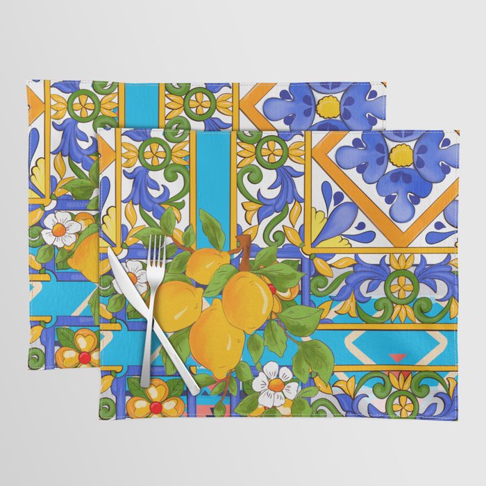 Summer ,Sicilian tiles ,citrus,lemons Mediterranean Pattern  Placemat Gallery Image 1