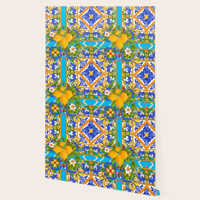 Summer ,Sicilian tiles ,citrus,lemons Mediterranean Pattern  Wallpaper Gallery Image 2