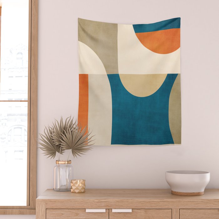 Navy Orange Beige Modern Design Art Work Wall Tapestry Gallery Image 2