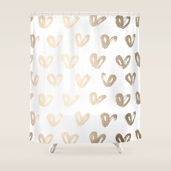 Luxe Gold Hearts on White Shower Curtain Gallery Image 1