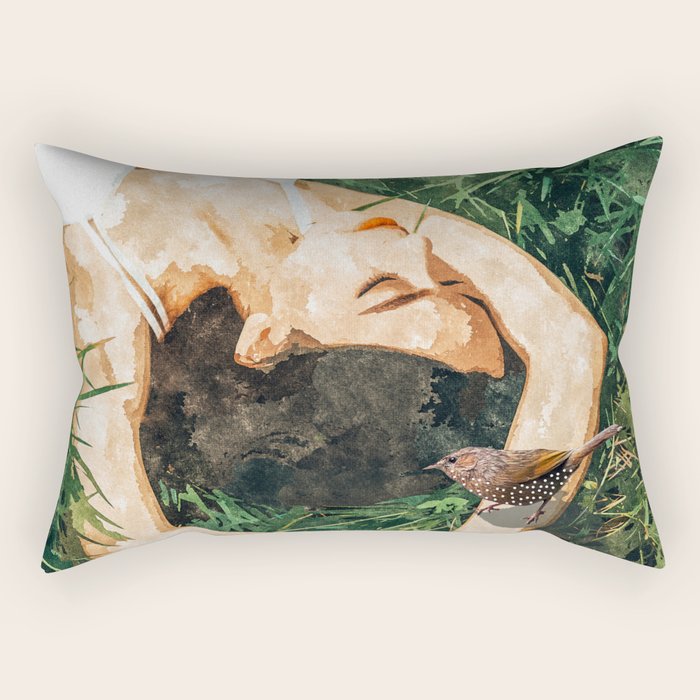 Jungle Nap Painting, Nature Illustration, Woman & Birds Portrait Rectangular Pillow Gallery Image 1