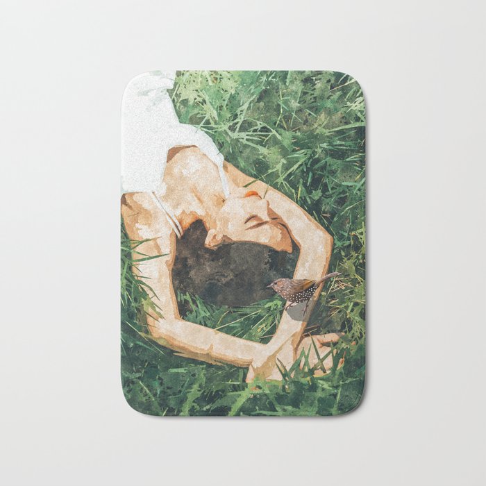 Jungle Nap Painting, Nature Illustration, Woman & Birds Portrait Bath Mat Gallery Image 1