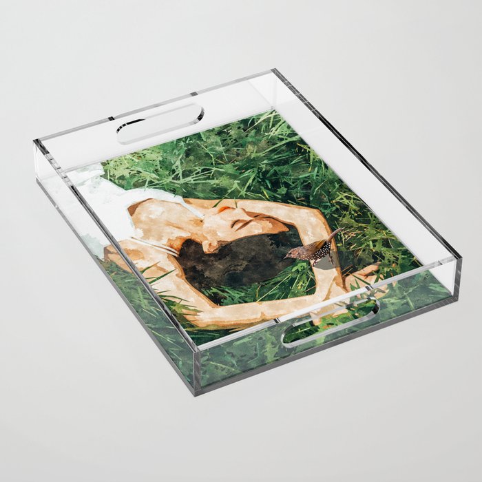 Jungle Nap Painting, Nature Illustration, Woman & Birds Portrait Acrylic Tray Gallery Image 1