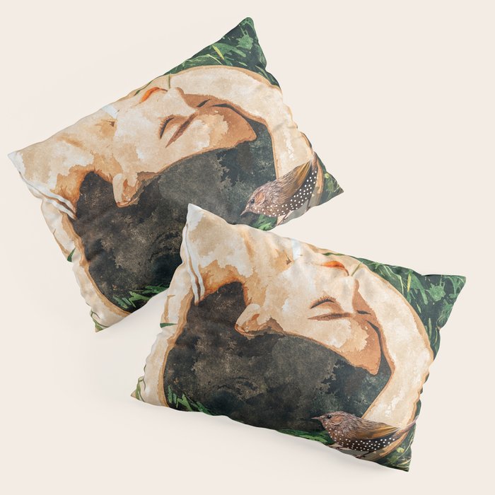 Jungle Nap Painting, Nature Illustration, Woman & Birds Portrait Pillow Sham Gallery Image 3