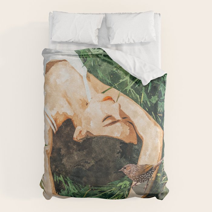Jungle Nap Painting, Nature Illustration, Woman & Birds Portrait Duvet Cover Gallery Image 1