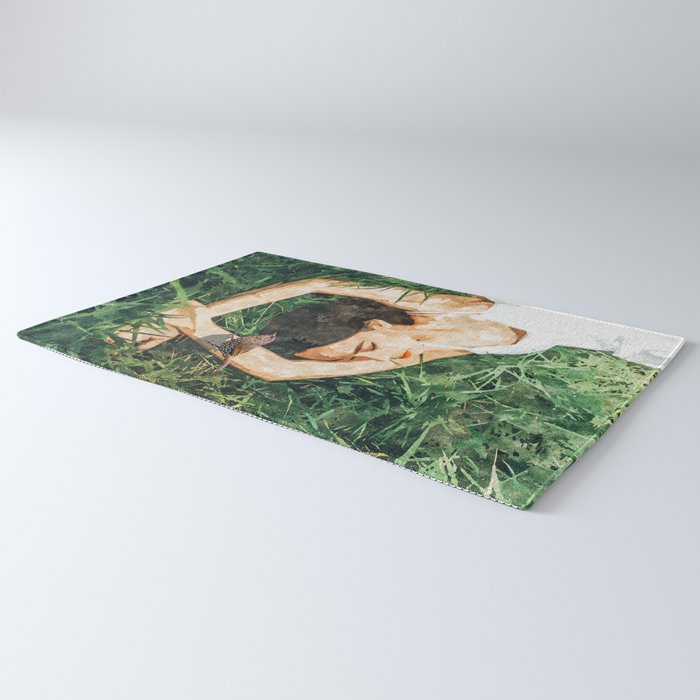 Jungle Nap Painting, Nature Illustration, Woman & Birds Portrait Rug Gallery Image 3