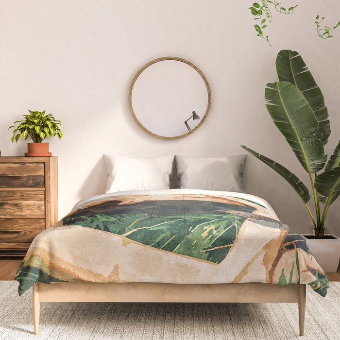 Jungle Nap Painting, Nature Illustration, Woman & Birds Portrait Comforter Gallery Image 3