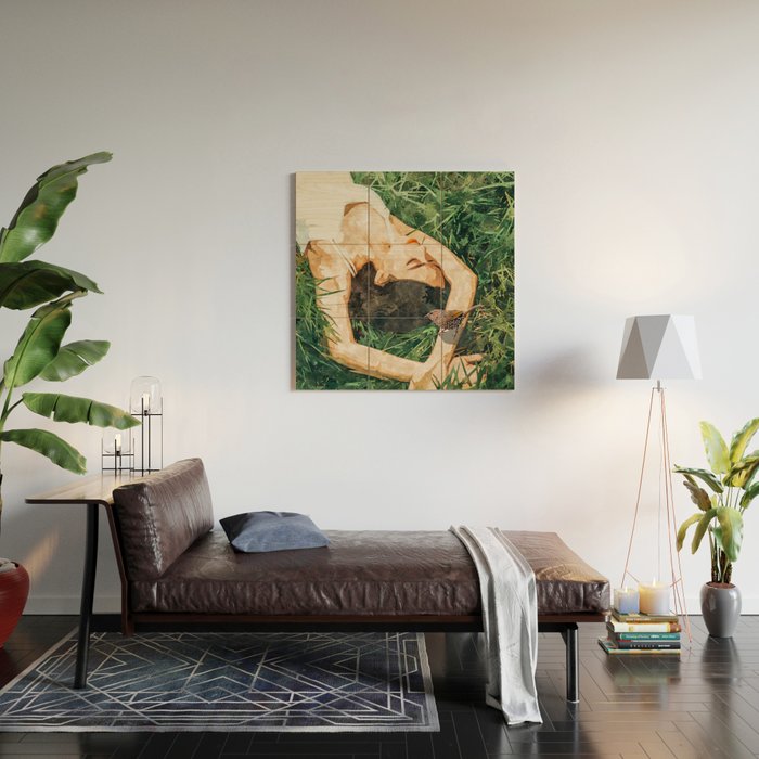 Jungle Nap Painting, Nature Illustration, Woman & Birds Portrait Wood Wall Art Gallery Image 2