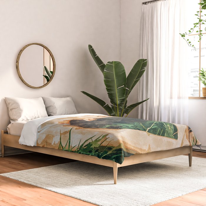 Jungle Nap Painting, Nature Illustration, Woman & Birds Portrait Comforter Gallery Image 2