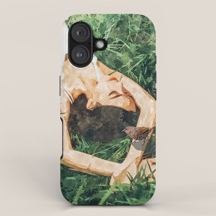 Jungle Nap Painting, Nature Illustration, Woman & Birds Portrait iPhone Case Gallery Image 1
