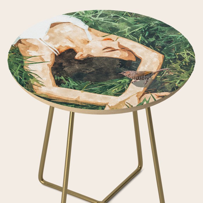 Jungle Nap Painting, Nature Illustration, Woman & Birds Portrait Side Table Gallery Image 2