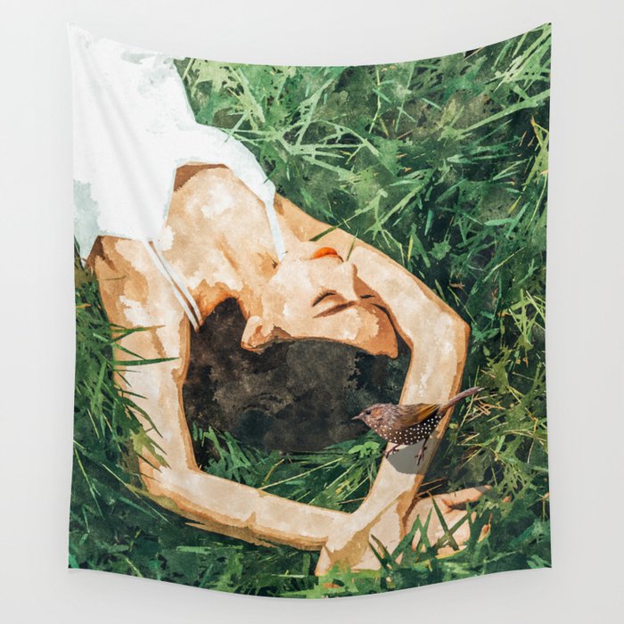 Jungle Nap Painting, Nature Illustration, Woman & Birds Portrait Wall Tapestry Gallery Image 1