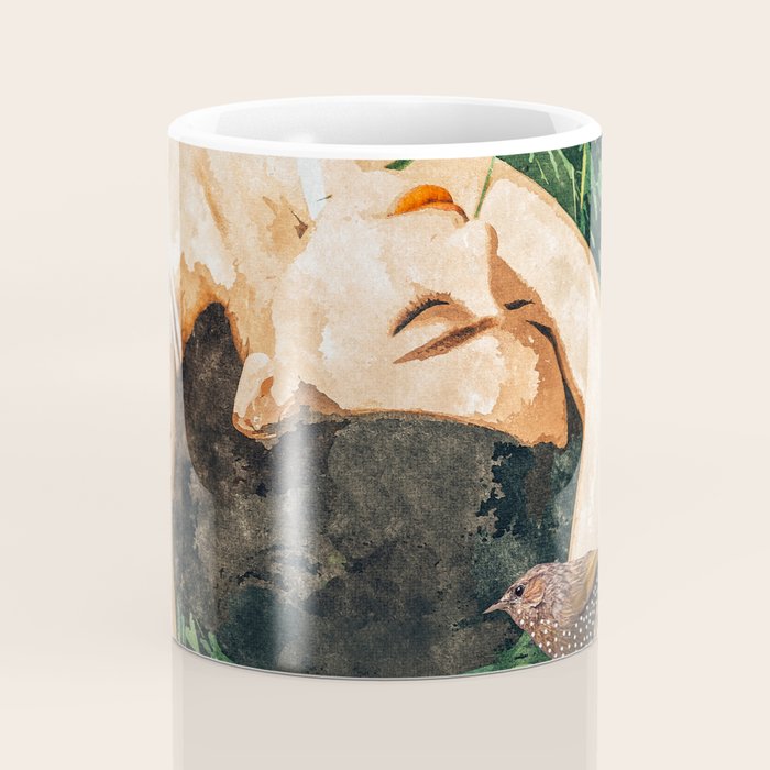 Jungle Nap Painting, Nature Illustration, Woman & Birds Portrait Coffee Mug Gallery Image 4