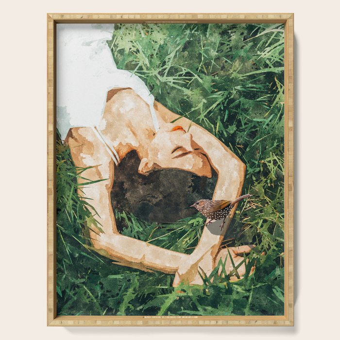 Jungle Nap Painting, Nature Illustration, Woman & Birds Portrait Serving Tray Gallery Image 1