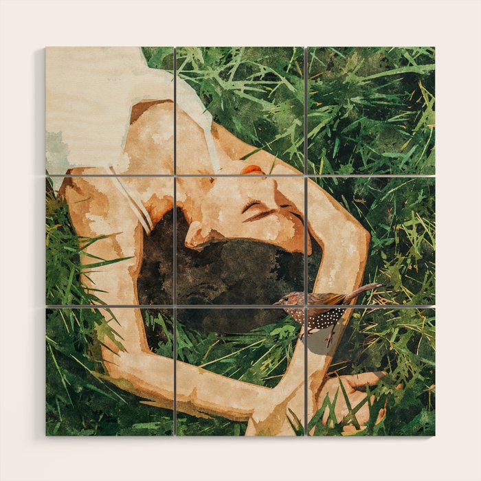 Jungle Nap Painting, Nature Illustration, Woman & Birds Portrait Wood Wall Art Gallery Image 1