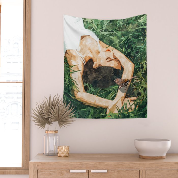 Jungle Nap Painting, Nature Illustration, Woman & Birds Portrait Wall Tapestry Gallery Image 2