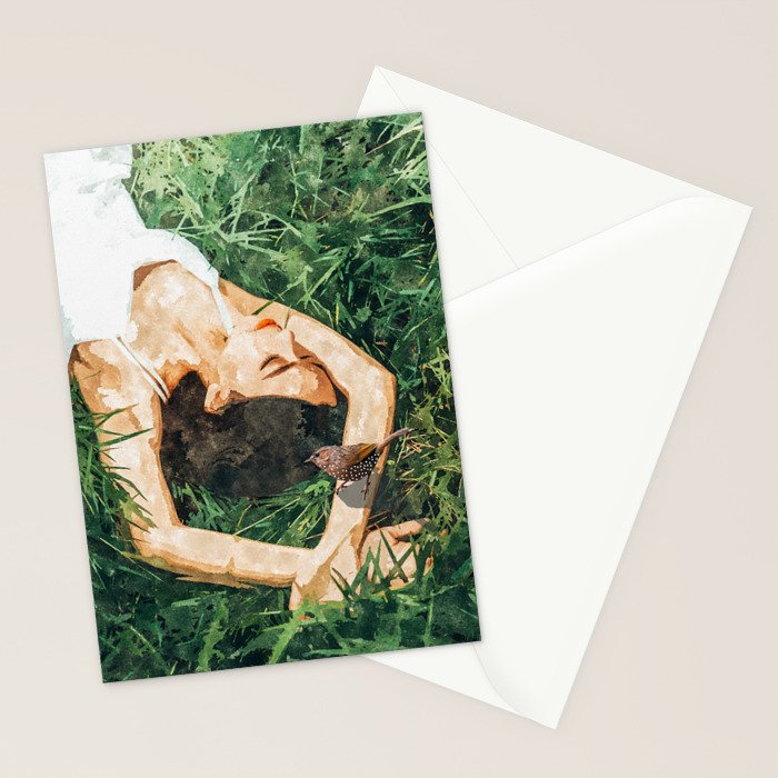 Jungle Nap Painting, Nature Illustration, Woman & Birds Portrait Stationery Card Gallery Image 2