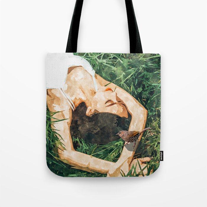Jungle Nap Painting, Nature Illustration, Woman & Birds Portrait Tote Bag Gallery Image 1