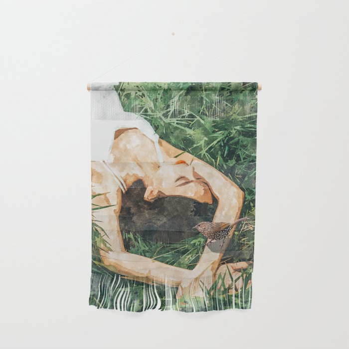 Jungle Nap Painting, Nature Illustration, Woman & Birds Portrait Wall Hanging Gallery Image 1